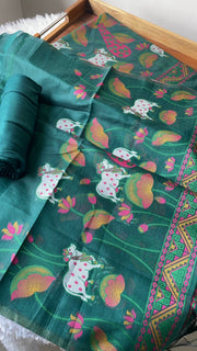 Weavora Green Soft Cotton Pichwai Jamdani Unstitched Suit Set